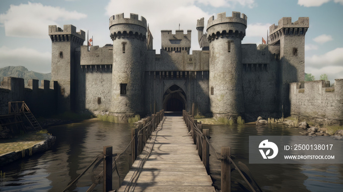 A detailed scene of a medieval castle, surrounded by a moat and tall walls, with a drawbridge and a portcullis, a few guards patrolling the ramparts