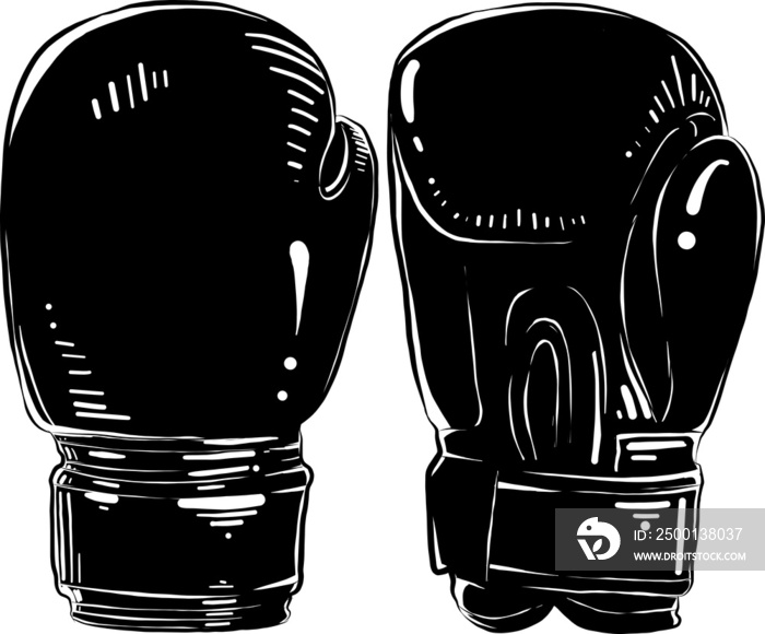 PNG engraved style illustration for posters, decoration and print. Hand drawn sketch of boxing gloves in monochrome isolated on white background. Detailed vintage woodcut style drawing.