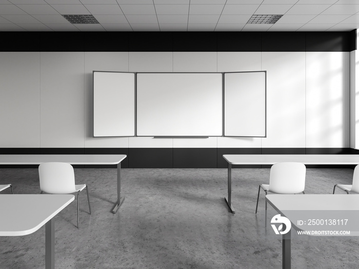 White school classroom interior with whiteboard