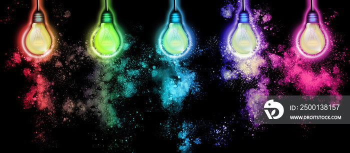 Idea and future concept with colored lightbulbs and rainbow lighting effects