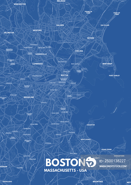 Poster Boston - Massachusetts map. Boston - Massachusetts road map. Illustration of Boston - Massachusetts streets. Boston - Massachusetts transportation network. Printable poster format (portrait).