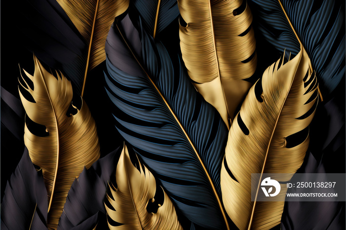 Stylish dark feather texture background. Colorful peacock feathers,Shallow Dof. Peacock feather , close up of black and gold feathers background. Top view