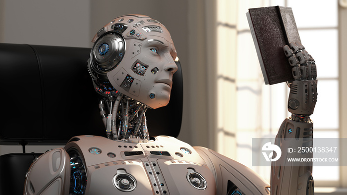 Detailed Futuristic robot or cyborg reading a book while sitting on a chair at home. 3D Render