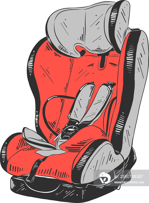 PNG engraved style illustration for posters, decoration and print. Hand drawn sketch of red baby car seat isolated on white background. Detailed vintage etching style drawing.