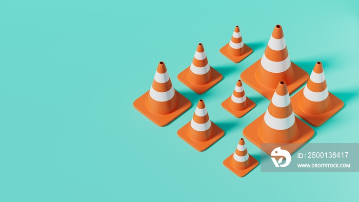 Group of traffic cones of different sizes on green stage, 3d illustration