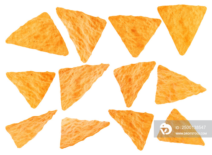 Crunchy and crispy mexican nachos chips from different angles isolated on white background high quality details - 3d rendering