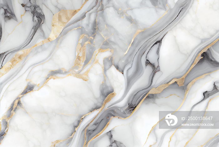 White marble with gold and grey veins surface abstract background. Decorative acrylic paint pouring rock marble texture. Horizontal natural grey and gold abstract pattern.