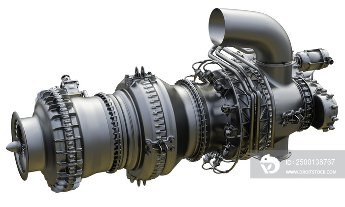 Gas turbine aircraft engine of power plant. 3d rendering.