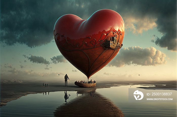 a heart shaped balloon floating in the air over a body of water with people standing on it and a man standing on the boat in the water below it, with a boat in the sky.