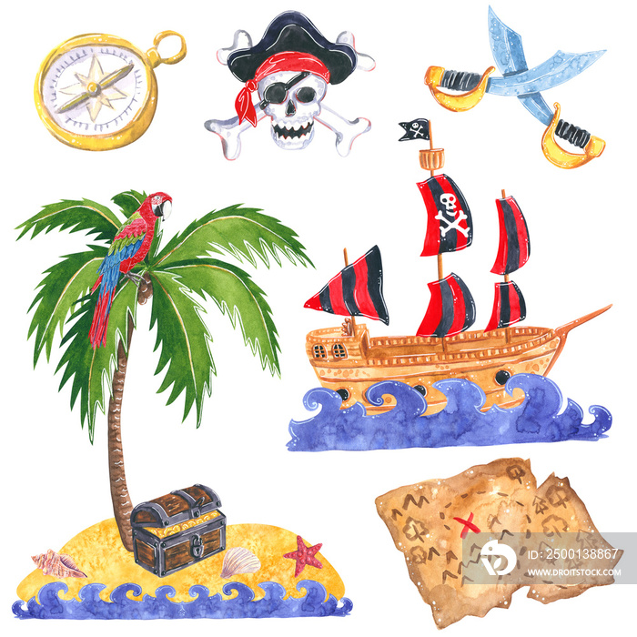 Set of pirate clipart. Pirate ship in Ocean waves, pirate saber, skull and bones, treasure map. Hand drawn watercolor illustration isolated on white.