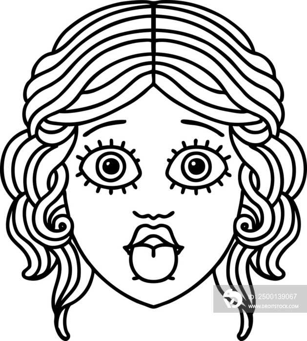 tattoo in black line style of female face sticking out tongue