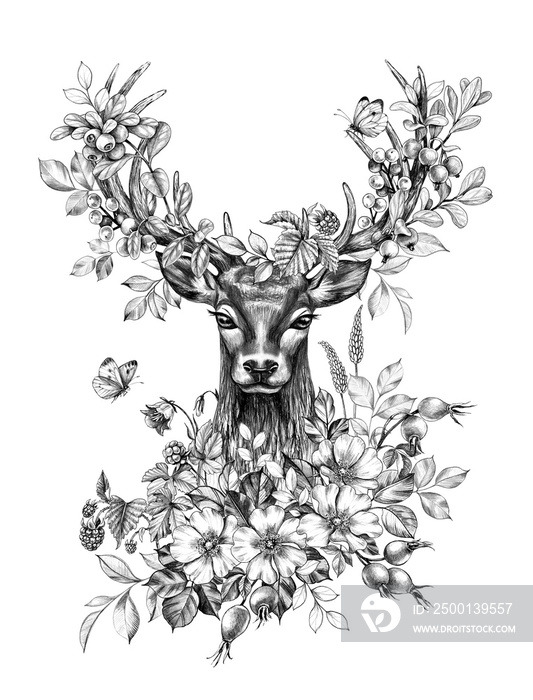 Deer with Flowers, Berries and Butterflies Pencil Drawing