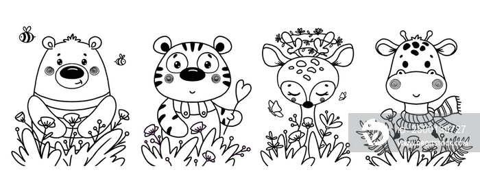 Set of cute cartoon characters outline.  Coloring page for kids. Contour drawing characters nursery design elements for posters. Tiger, bear, deer, giraffe