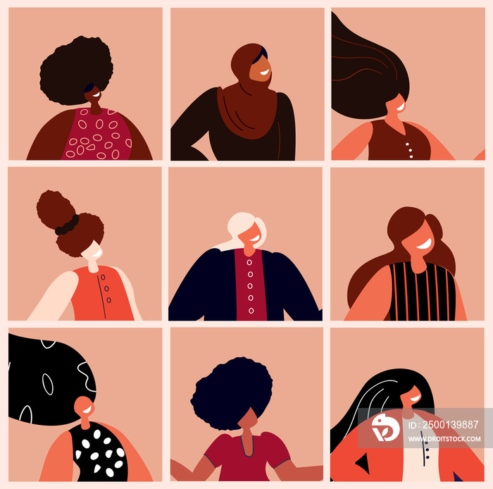 A Set of Beautiful Women with Different Beauty,Hair,Skin Color. Different Races and Nations. Diversity. Avatars. The Femininity Concept,Diversity,Independence,Rights Equality. Vector flat Illustration