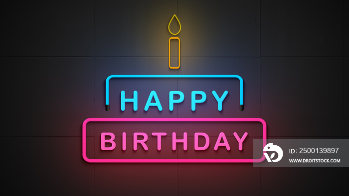 Neon sign of happy birthday logo on the wall background