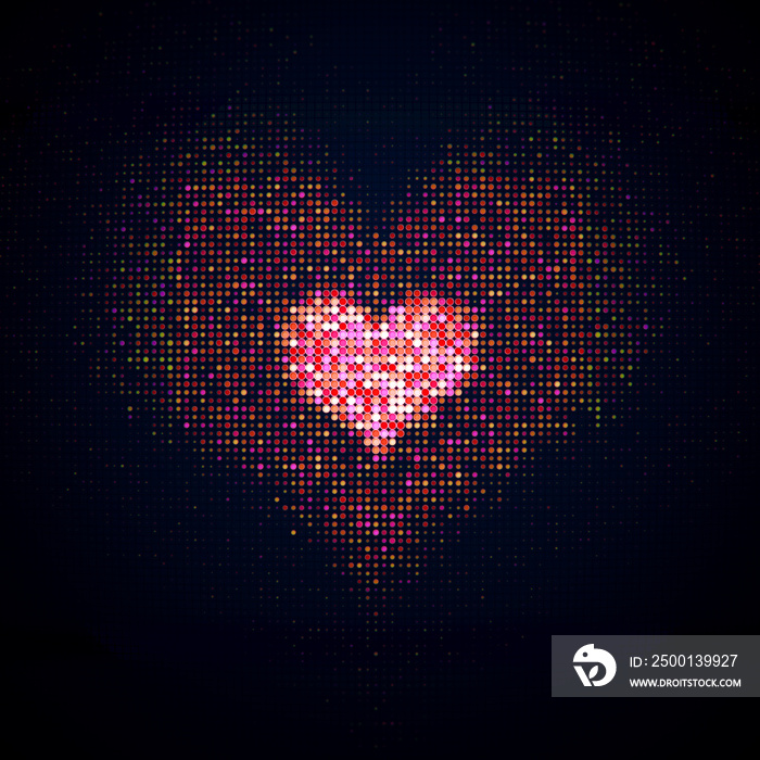 Shiny pink heart shape of LED dots on digital monitor