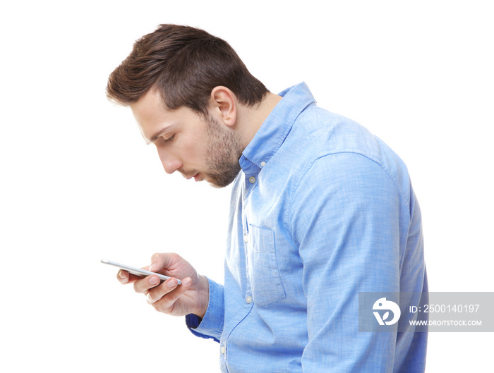 Incorrect posture concept. Man with phone isolated on white