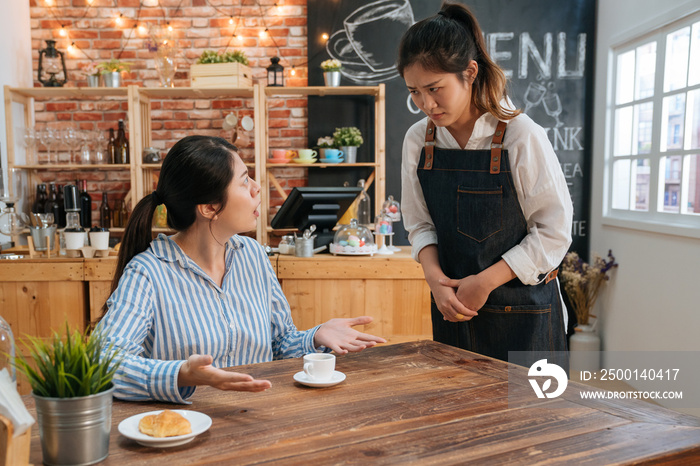 young girl waitress bowed and saying sorry while female customer complaining. coffeehouse staff woman looks at guest with concern while stand at table where client sit in cafe. bad service concept