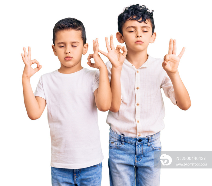 Couple of little brothers together wearing casual clothes relax and smiling with eyes closed doing meditation gesture with fingers. yoga concept.