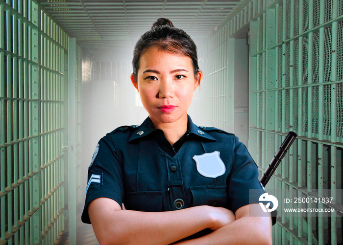 young serious and attractive Asian Korean guard woman standing on cell at State penitentiary wearing police uniform in crime prison punishment and law enforcement
