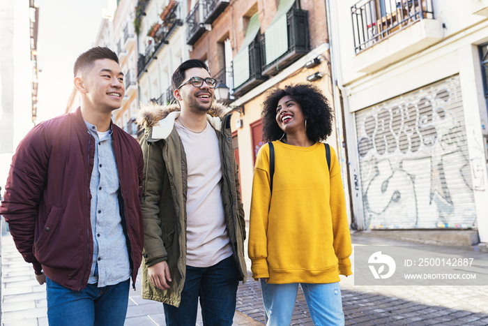 Group of happy friends walking in the street.