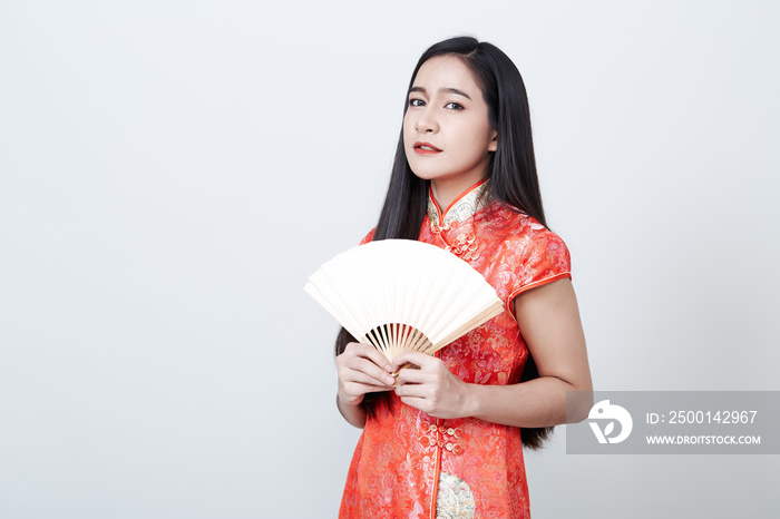 Woman Asian wearing red dress in Chinese New Year