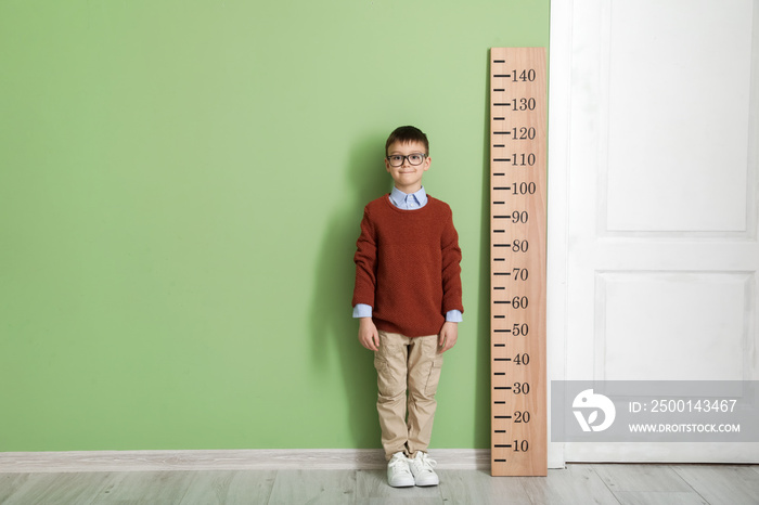 Little boy measuring height near color wall