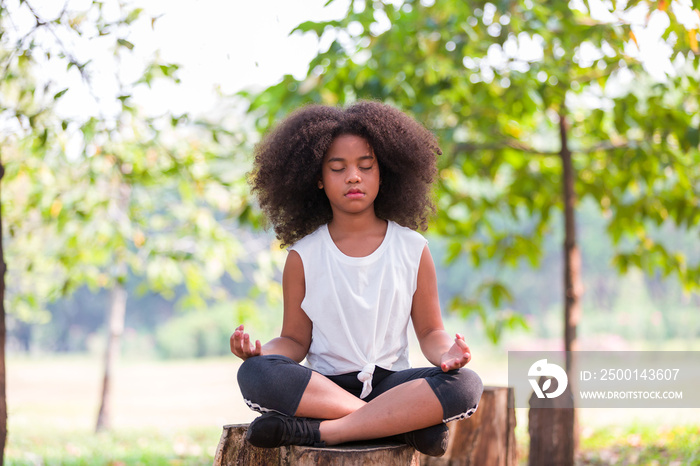 African American little girl doing meditate yoga asana with eyes closed outdoor in park. Kids girl practicing doing yoga outdoor