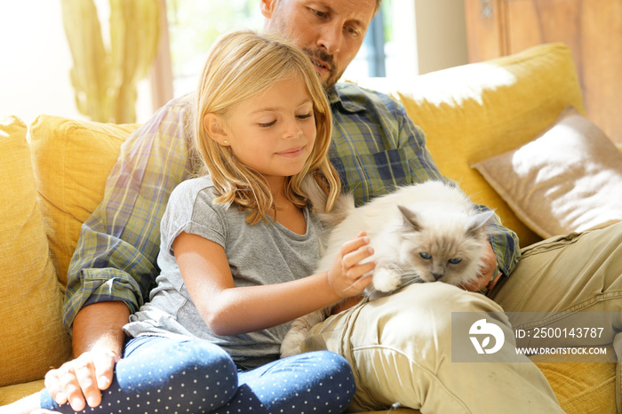 Daddy with little girl petting cat sitting on sofa