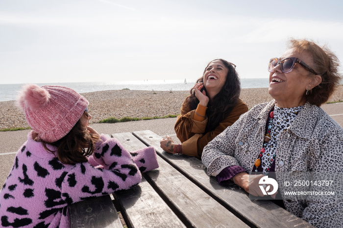 Grandmother, mother and daughter laughing while sitting by picnic table on beach