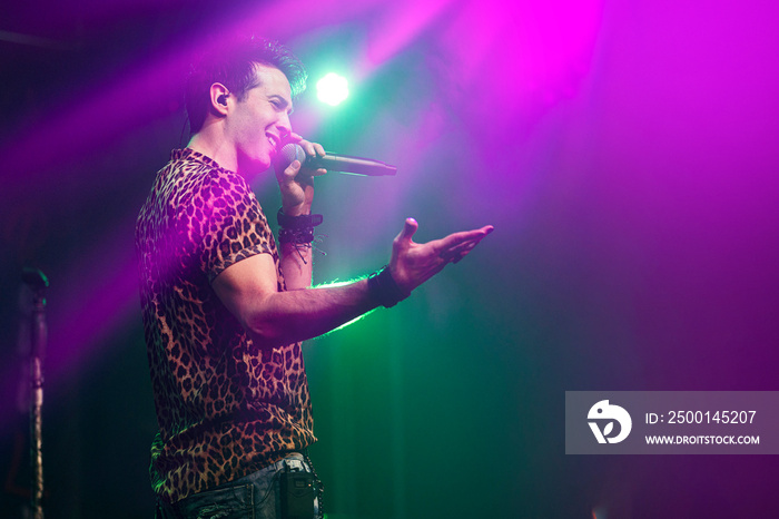 Singing artist performing before the audience at a live concert.