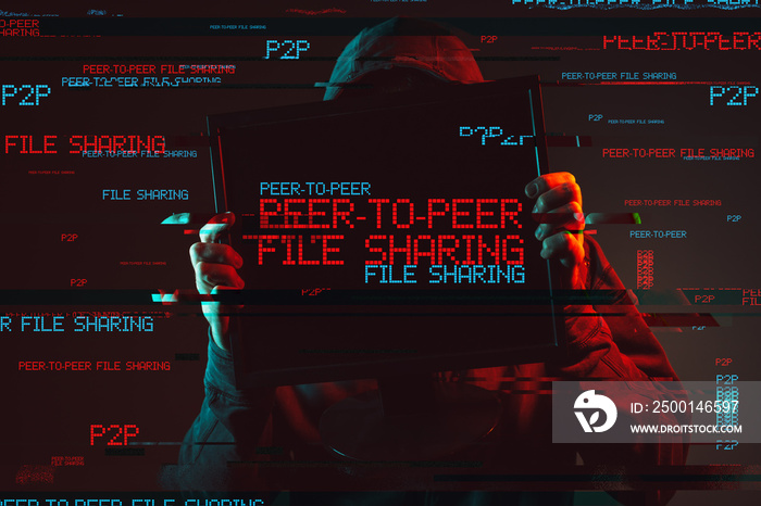 Peer to peer file sharing concept with faceless hooded person