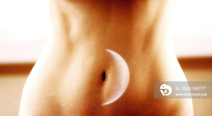 Female stomach and crescent moon multiple exposure image. Woman health concept.