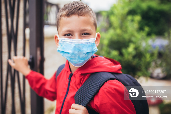 Child wear facemask during coronavirus and flu outbreak. The boy wear a mask before going to school preventing outbreak Infectious disease and dust in the air.