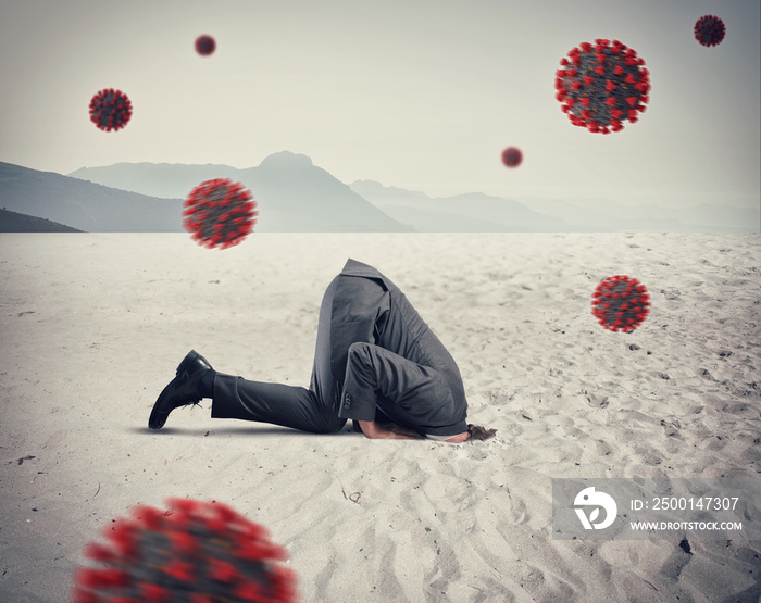 Man hides himself like an ostrich due to coronavirus covid19 problem in the air