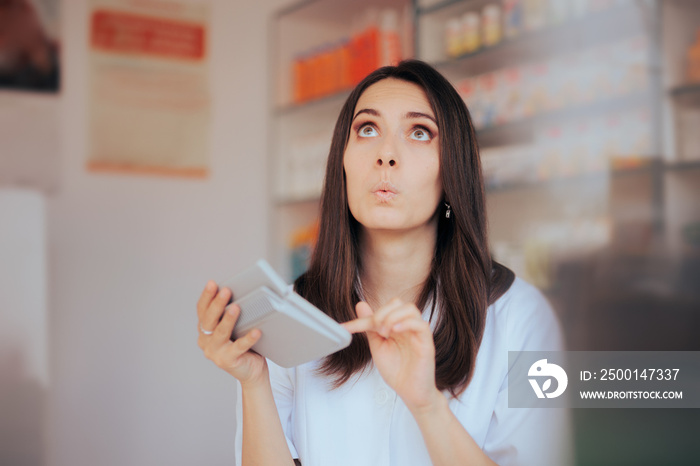 Confused Pharmacist Calculating Inventory Items in the Drugstore. Stressed business manager bookkeeping making a financial analysis