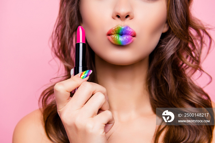 Cropped close-up shot portrait of nice gorgeous glamorous charming lady with amazing colorful tube pink pomade lips rainbow isolated over pink pastel background