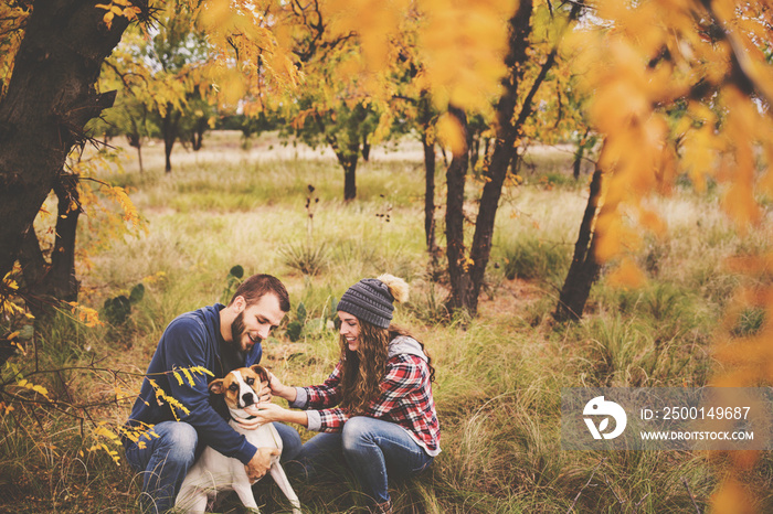 Cute couple playing with their dog in the fall leaves