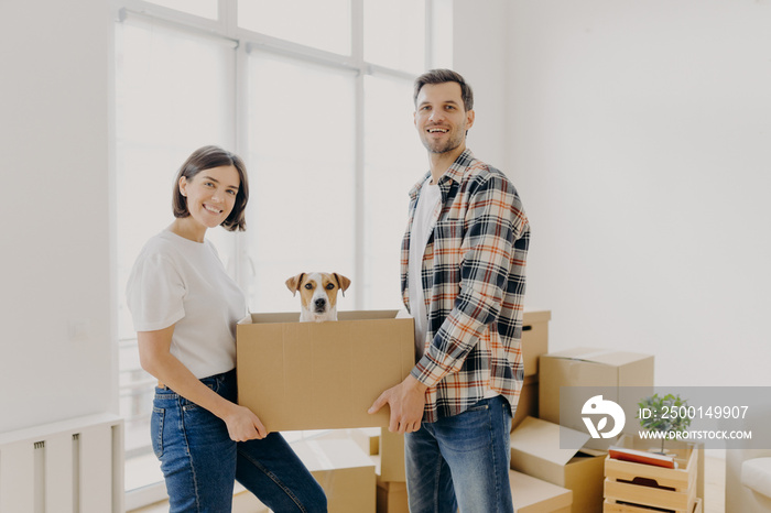 Happy family couple hold carton box with small puppy, stand indoor against big window, glad to become homeowners, unpack things in own apartment, looks gladfully at camera. Family moving day