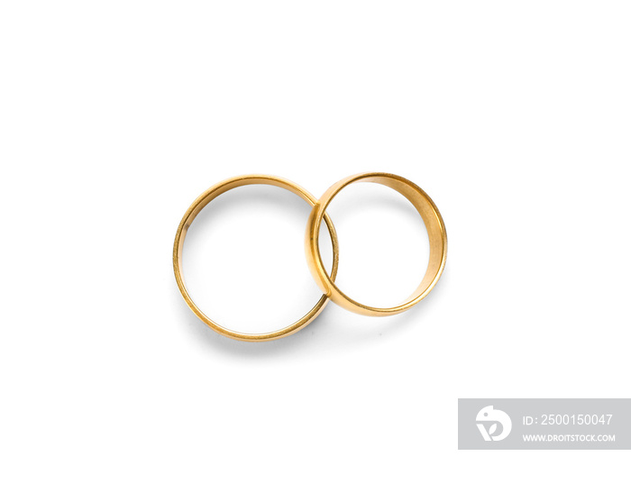 Pair of wedding rings on white background