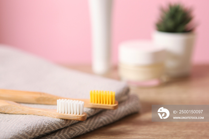 natural bamboo toothbrushes on the table. Oral and dental care.