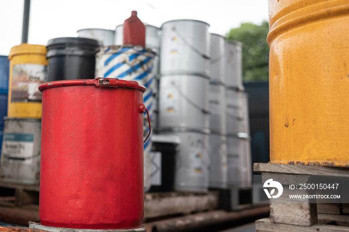 An untitled metal red chemical box which is placed at the factory chemical storage area. Industrial equipment and object photo.