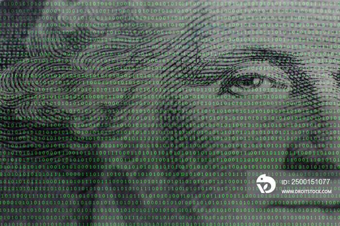 president George Washington face portrait on the USA one dollar banknote among binary code