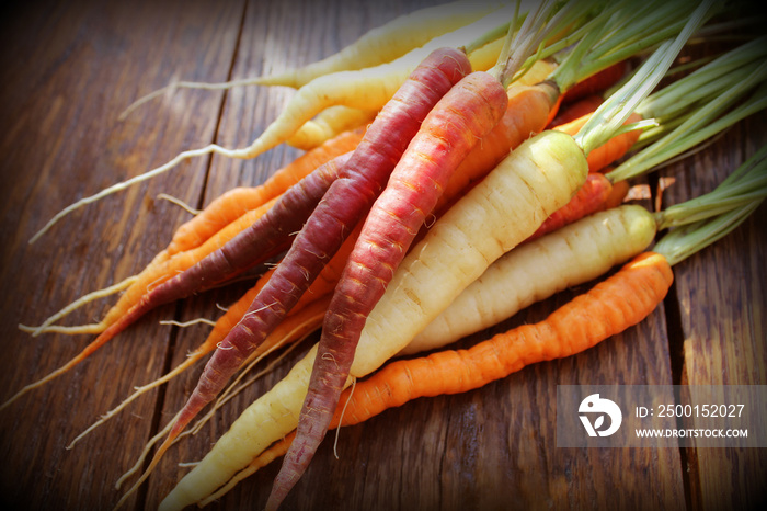 Carrots. Fresh colorful carrots on dark rustic background