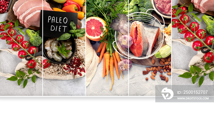 Paleo diet food on light gray background, collage