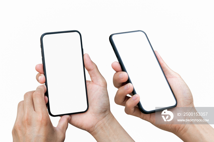 Male hand holding smartphone with blank screen isolated on white background.