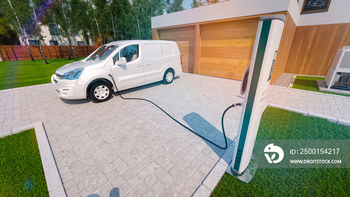 Electric van charging with private home charger 3d rendering