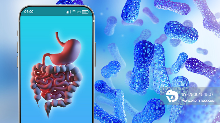 Probiotic bacteria. Beneficial substances for gastrointestinal tract. Human stomach in phone. Probiotic bacteria and microorganisms. Concept apps for taking care of body. Probiotic Immunity. 3d image