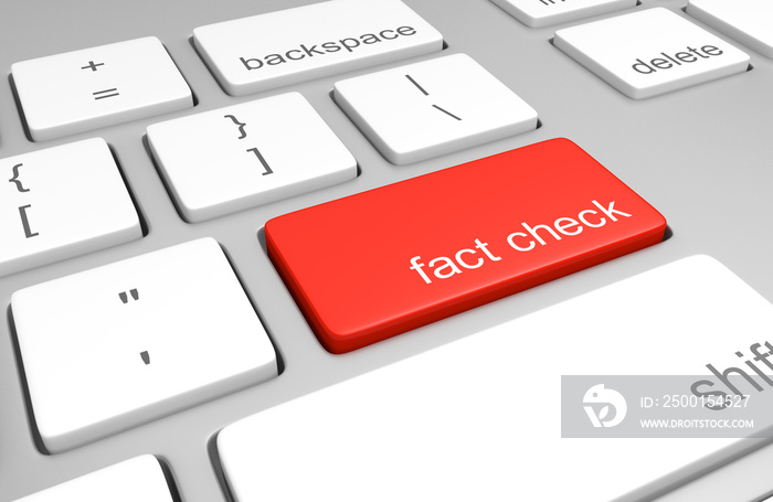 Key on a computer keyboard for fact checking statements or bogus claims, 3D rendering