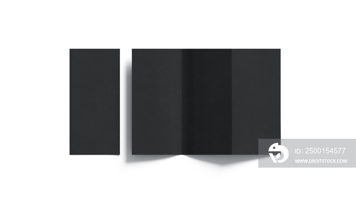 Blank black tri folded booklet mockup, opened and closed, top view, 3d rendering. Plain trifold brochures mock ups set isolated. Book cover and three flier inside, copy space.